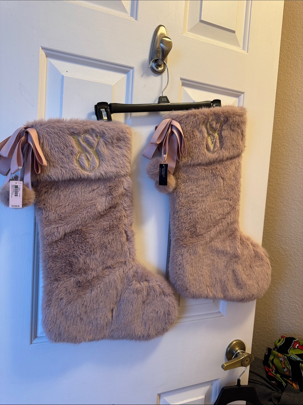Victoria's Secret Blush Faux Fur Holiday Stockings with Ribbon